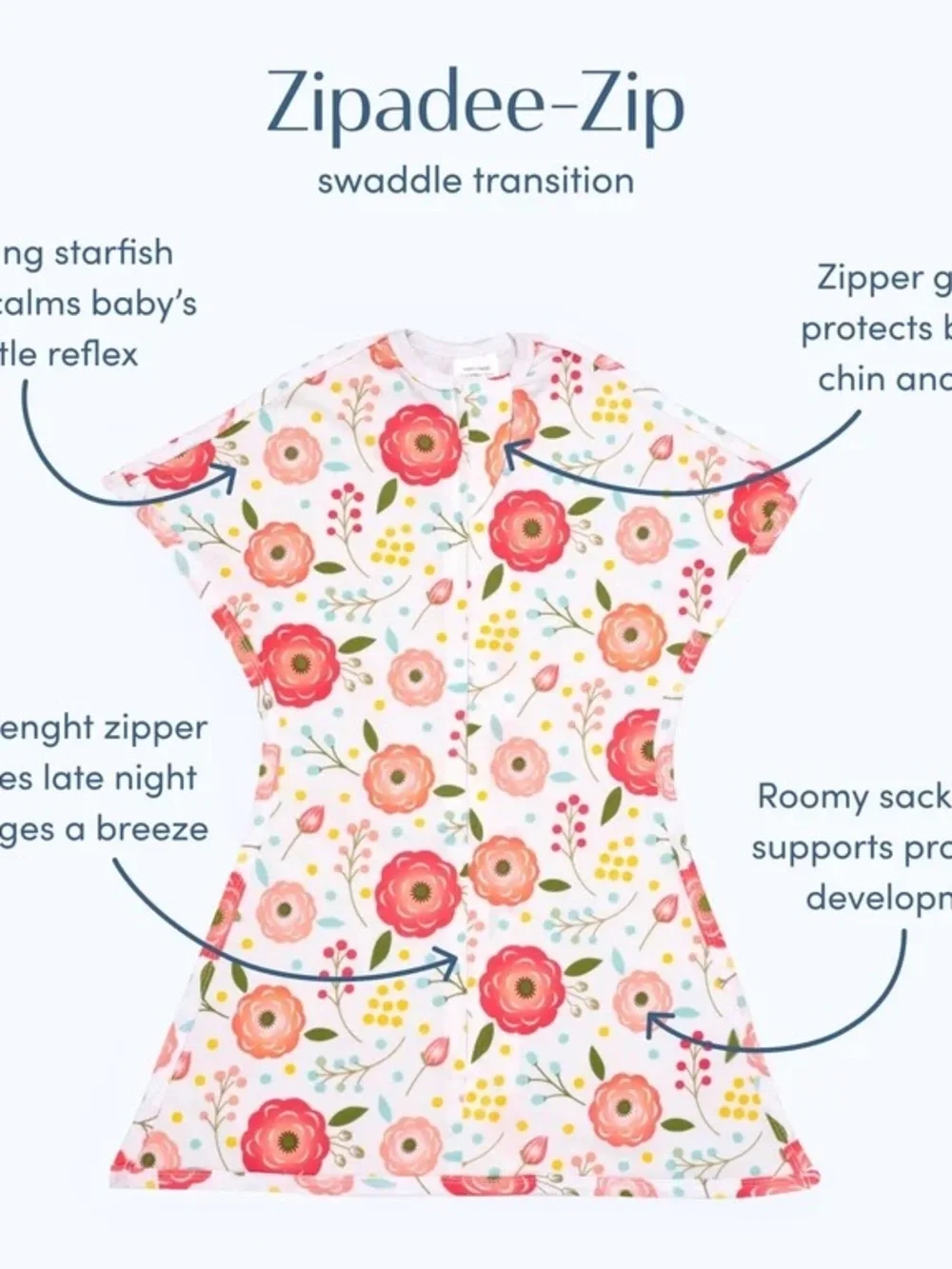 Sleeping Baby Zipadee-Zip Transition Swaddle Sleep Sack Floral Size Small